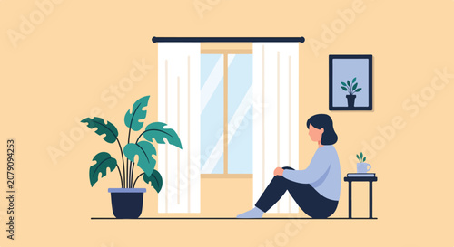 Photos Vector illustration of a solitary woman sitting on the floor by a window, surrounded by indoor plants in a calm and peaceful room environment