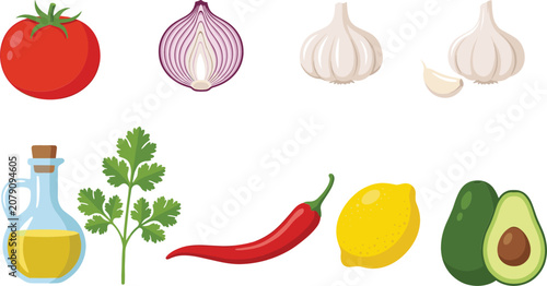 Foto Fresh Ingredients Vector Set Featuring Tomato Onion Garlic Olive Oil Chili Lemon