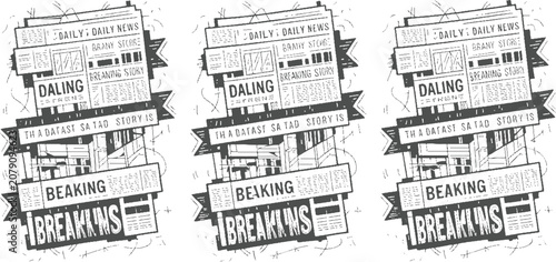 Foto Three overlapping hand drawn newspaper headlines about breaking news and daily n