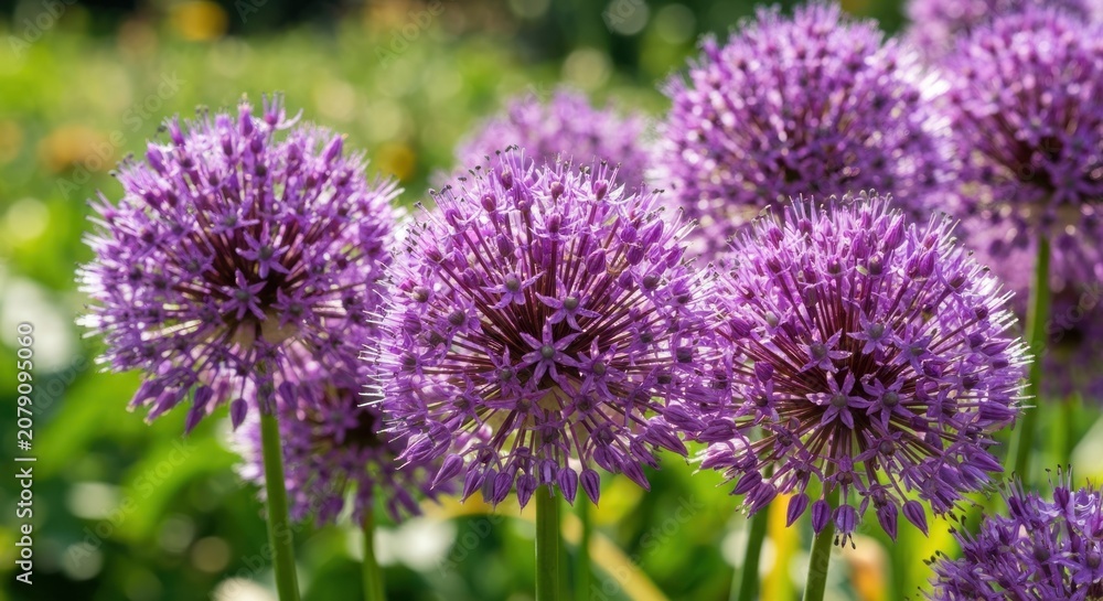 Obraz premium Close-up of vibrant purple allium flowers in a garden setting