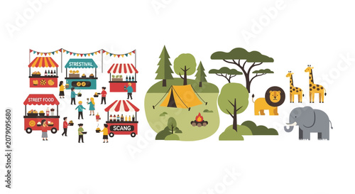 Canvas Print Colorful animals group in outdoor park scene.