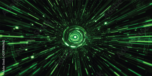 Foto Green light speed tunnel effect with motion blur and glowing particle streaks ab