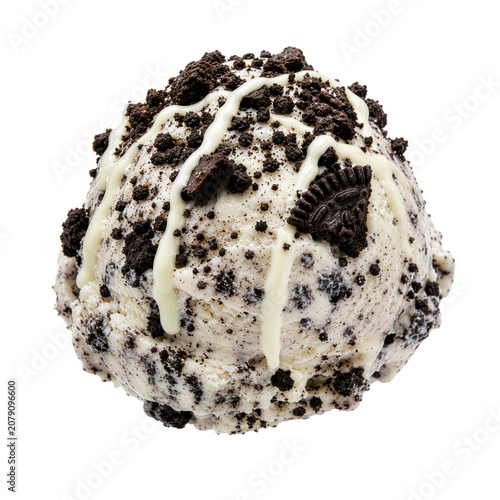 A Single Scoop of Cookies and Cream Ice Cream Topped with Crushed Chocolate Sandwich Biscuits and White Glaze Drizzle (PNG format with transparent background)