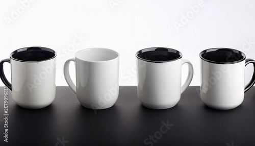 four white ceramic mugs on a black coffee cup tea cup container beverage white background