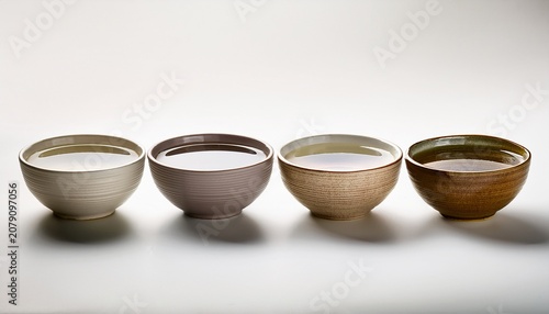 four ceramic bowls in neutral tones filled with clear water are arranged in a row against a white background