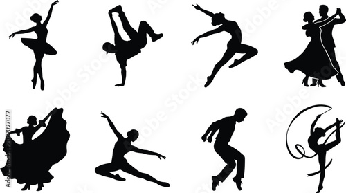 Foto Dance styles and performers silhouette set featuring ballet dancer, breakdancer