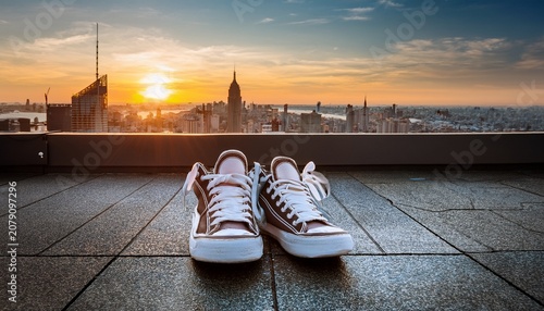 urban rooftop scene featuring sneakers against city skyline view