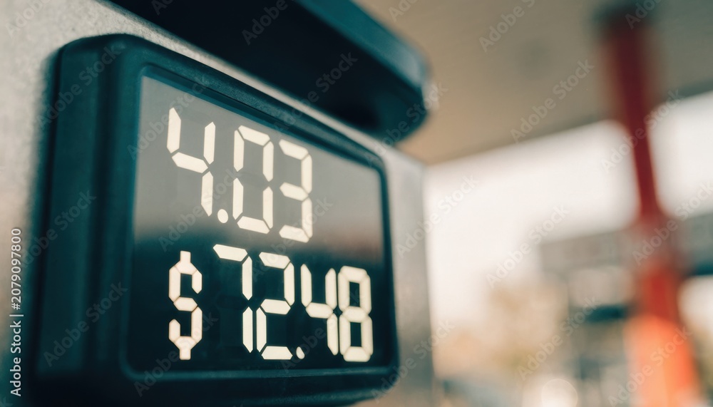 Fototapeta premium Close-up of a gas pump display showing a price of $4.03 per gallon and a total amount of $72.48 for fuel purchased.