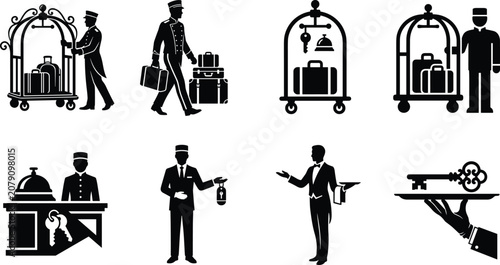 Tableau sur toile Hotel bellhop and hospitality service silhouette vector bundle featuring doorman