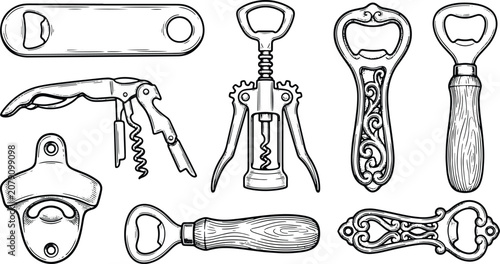 Vintage engraved illustration collection of bottle openers corkscrews and bar tools accessories set