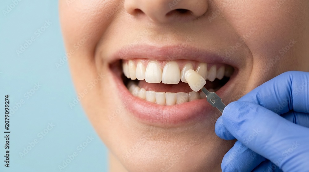 Naklejka premium Close-up of a dental professional using a tooth shade guide to match the color of a patient's enamel for restoration