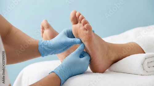 Professional podiatrist in blue gloves performing therapeutic foot massage and reflexology treatment on a patient in a clinic