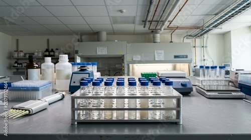 Solubility assessment vial bank, 24 small glass vials in a rack each with different turbidity levels of test compound solutions, overhead light - Biotech Laboratory Stock Photo, No People