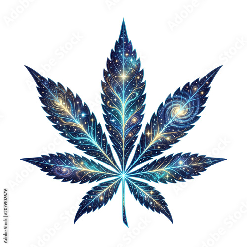 Celestial cannabis leaf artwork featuring starry galaxy pattern.
