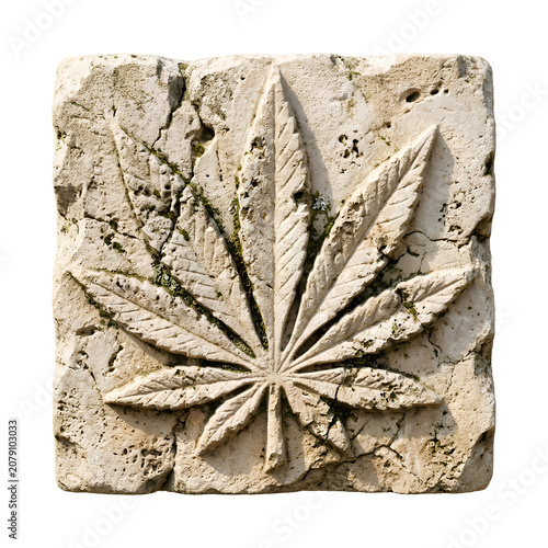 Carved cannabis leaf relief in stone wall.