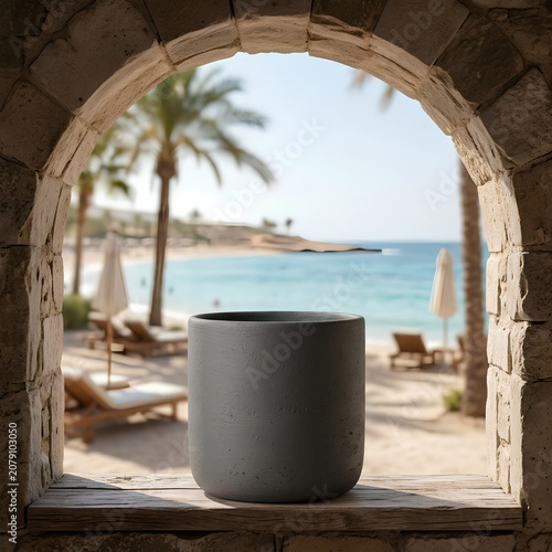 Ceramic pot on seaside window ledge with ocean view.