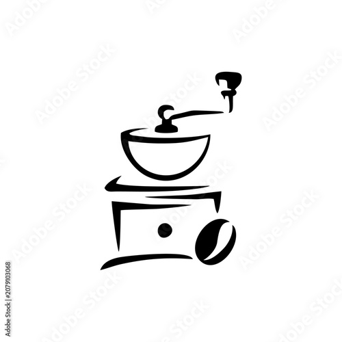 Hand Pouring Coffee Beans into Manual Grinder Vector Line Art Illustration