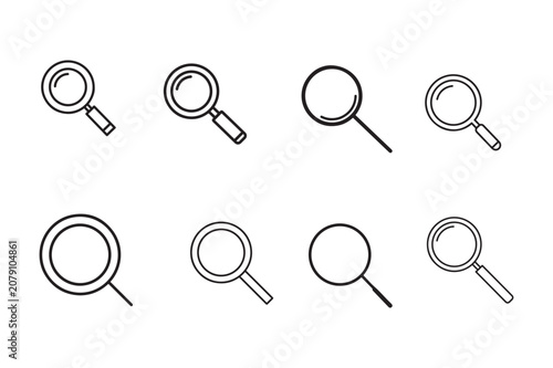 Collection of magnifying glass search icons in various line styles with research