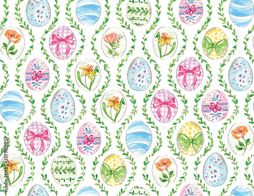 Watercolor Easter Eggs Seamless Pattern with Spring Flowers, Botanical Wreaths and Hand Painted Illustration