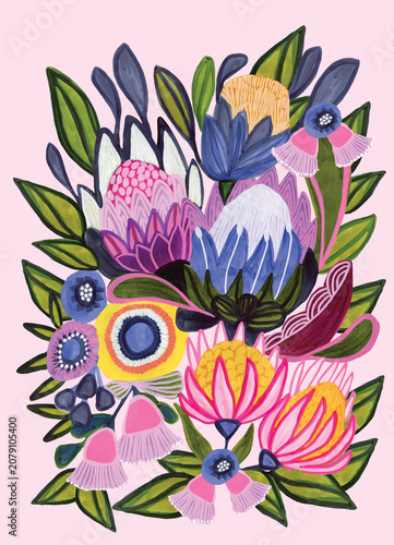 Hand Painted Protea and Wildflower Botanical Illustration with Australian Native Flowers