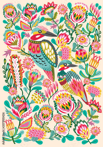 Colorful Folk Art Birds and Floral Seamless Pattern with Hand Drawn Botanical Flowers