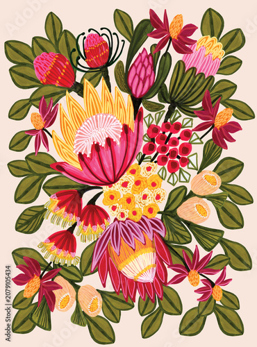 Hand Painted Tropical Floral Bouquet Illustration with Exotic Flowers and Botanical Leaves