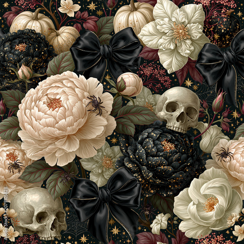 Seamless watercolor Halloween pattern featuring elegant blush peonies, black flowers, vintage skulls, black satin bows, pumpkins and botanical elements in a romantic pink goth aesthetic.