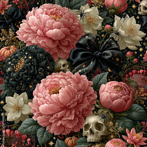 Seamless watercolor Halloween pattern featuring elegant blush peonies, black flowers, vintage skulls, black satin bows, pumpkins and botanical elements in a romantic pink goth aesthetic.