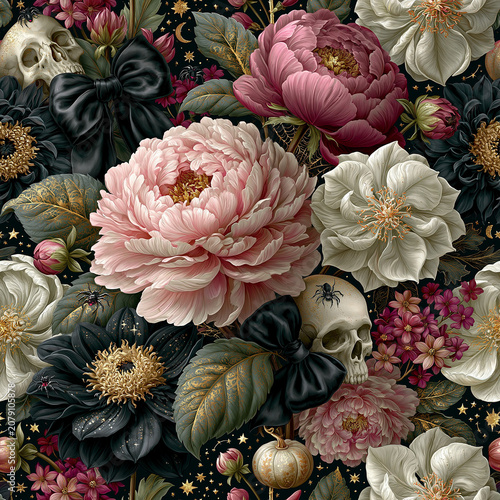 Seamless watercolor Halloween pattern featuring elegant blush peonies, black flowers, vintage skulls, black satin bows, pumpkins and botanical elements in a romantic pink goth aesthetic.