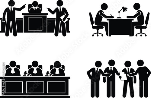 Photos Business Meeting and Courtroom Silhouette Icons Set with Office Interview and Le