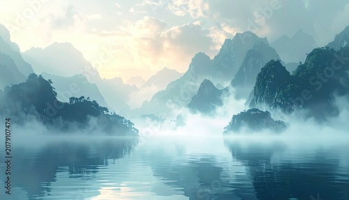 Tranquil Asian landscape featuring misty mountains, serene water, and soft sunlight