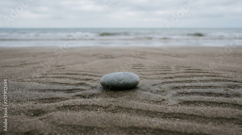 Smooth gray stone resting on wet rippled sand at the ocean shore with cloudy sky above