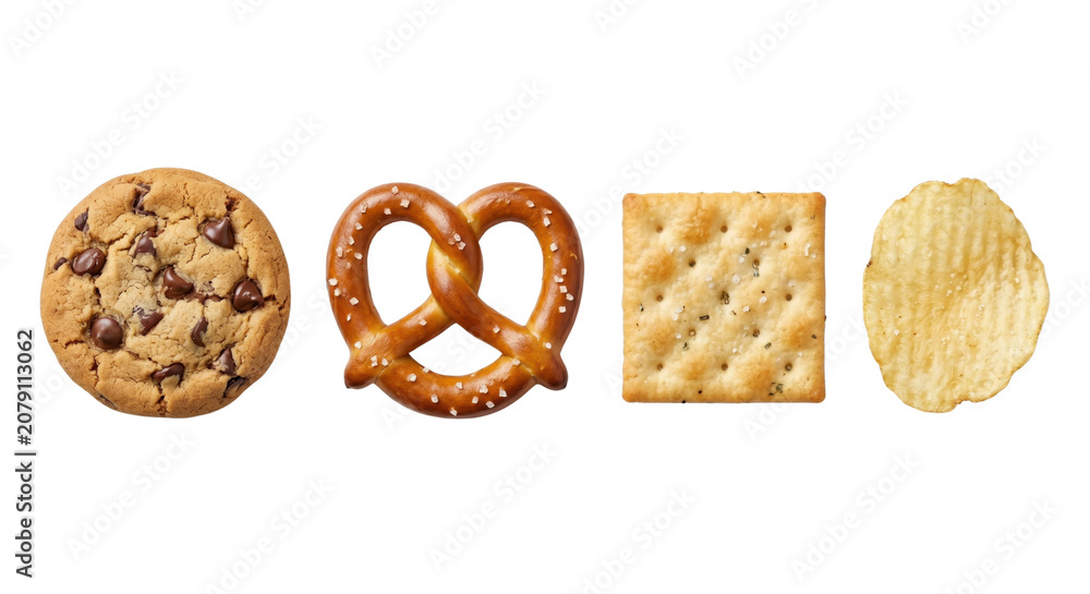 Fototapeta premium Assorted crispy snacks cracker pretzel and chip on transparent background