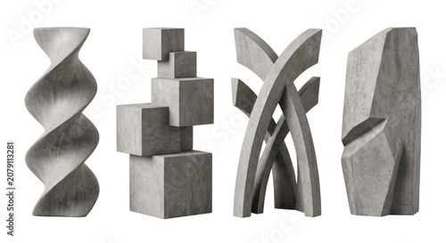 Foto Modern brutalist concrete and stone sculptures on transparent background