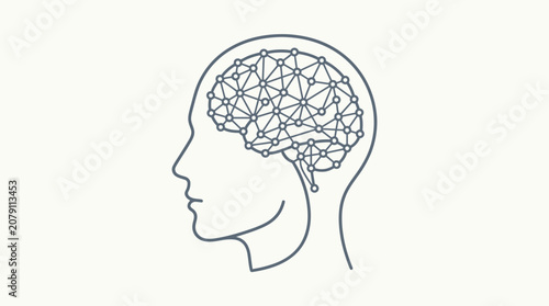 A line drawing of a human head with a geometric brain.