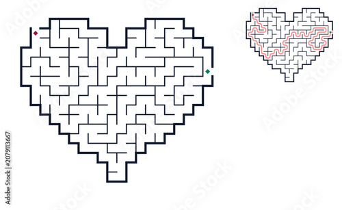 Heart shaped maze puzzle on white background with pink solution path key, romantic logic game worksheet for Valentine's Day activities, minimalist black and white vector line graphic style