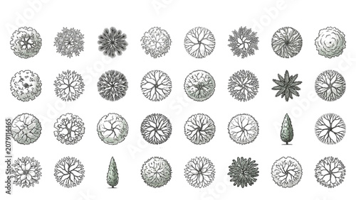 Botanical Garden Tree Symbols Top View Vector Collection for Landscape Architecture Plans
