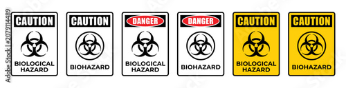 Biological Hazard caution signs set vector. Isolated Biohazard warning labels bundle on white background. Danger toxic area panels collection concept. Pandemic virus zone signage Vector illustration.