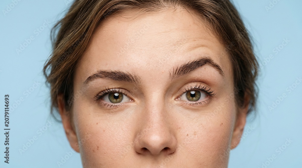 Fototapeta premium Extreme close-up of a woman's eyes and forehead with hazel eyes and natural skin texture against a light blue background
