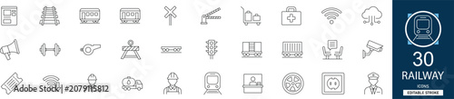 Foto Railway and transportation line icon set with 30 icons train, locomotive, railway station, subway, platform, ticket, travel, track