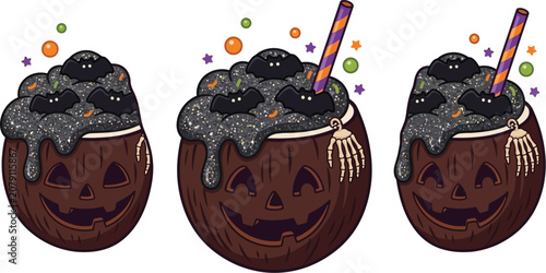 Pumpkin beverage containers display spooky bats for a festive holiday event.