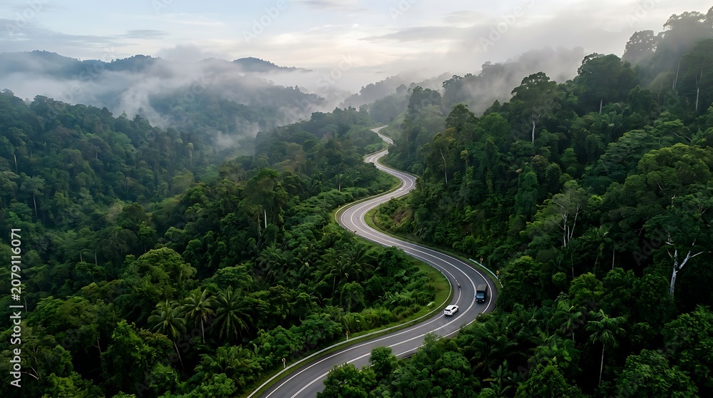 Fototapeta premium Winding Road Through Misty Mountain Forest Aerial View