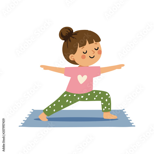 Flat design vector illustration of child doing yoga for health and wellness