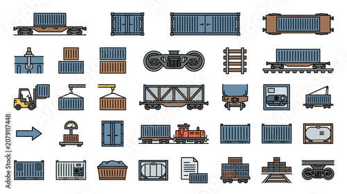 Fotografía Freight train with various container types on tracks and yards with industrial equipment