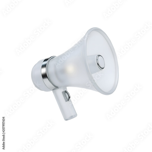 White megaphone with silver accents on handle and grille isolated on transparent background