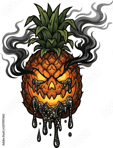 Pineapple jack o lantern oozes thick black slime for a spooky autumn night.