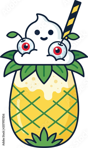 Smoothie served in a pineapple container shows a cute ghost and eye fruits.