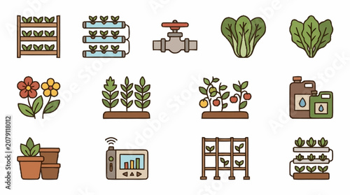 Tableau sur toile Colorful gardening and farming icons set illustration.