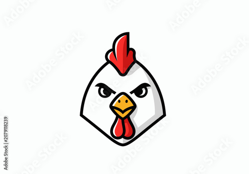Angry chicken mascot vector illustration, fierce rooster head logo design isolated on white background