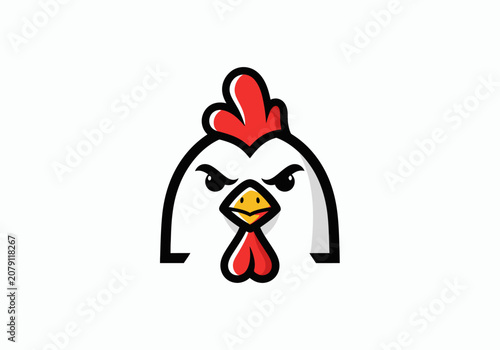 Dynamic illustration of a determined chicken's head, featuring a striking red comb and an intense expression, embodying courage and strength for a versatile brand identity